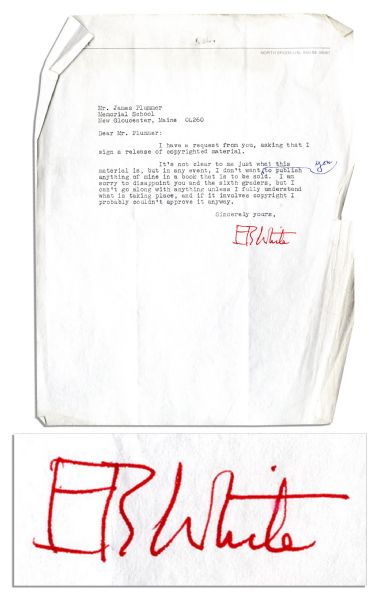 'Charlotte's Web'' Author E.B. White Typed Letter Signed -- ''...I have a request from you, asking that I sign a release of copyrighted material...''