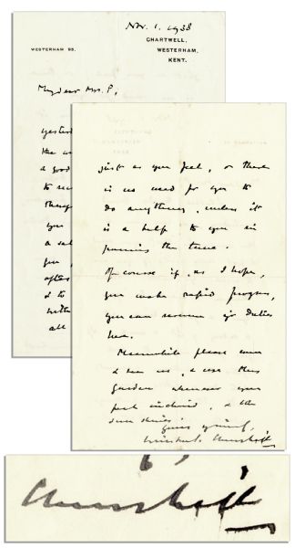 Winston Churchill Autograph Letter Signed -- ''...you need a good long rest, if you are to recover yr health. I have therefore decided to offer you a years leave at a salary of 3 pounds a week...''