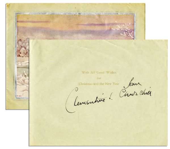 Christmas Card Signed ''From Clementine Churchill'' in Black Ink -- Measures 7.75'' x 6'' -- Slight Soiling to Edges, Overall Very Good