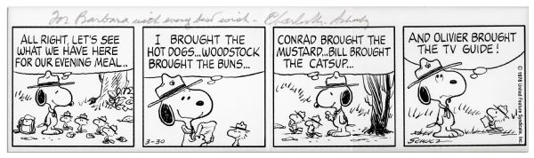 Charles Schulz Hand-Drawn ''Peanuts'' Four-Panel Strip -- Snoopy as Scout Master Takes Woodstock & Friends Camping