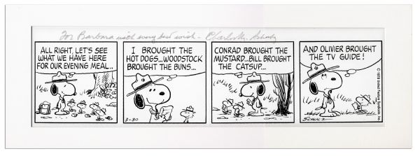 Charles Schulz Hand-Drawn ''Peanuts'' Four-Panel Strip -- Snoopy as Scout Master Takes Woodstock & Friends Camping
