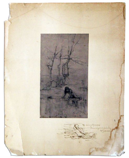 Original Ink Sketch of ''The Little Mermaid'' Hand-Drawn & Signed by Frederick S. Church -- Sketched From a Painting