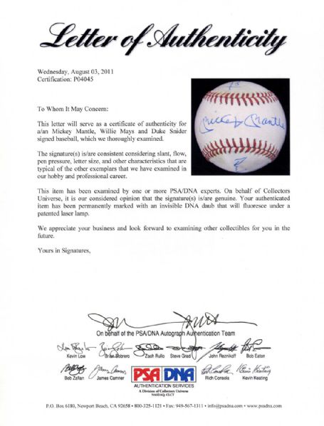 Hall of Famers Willie Mays, Mickey Mantle and Duke Snider Signed Baseball -- With PSA/DNA COA