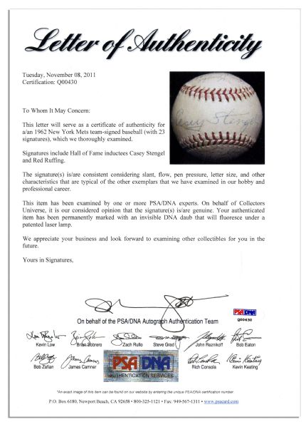 1962 New York Mets Team Signed Ball -- With Hall of Famers Casey Stengel & Red Ruffing -- With PSA/DNA COA