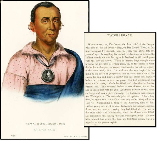 1872 McKenney & Hall Color Print -- ''Ioway Indian Chief Watchemonne''