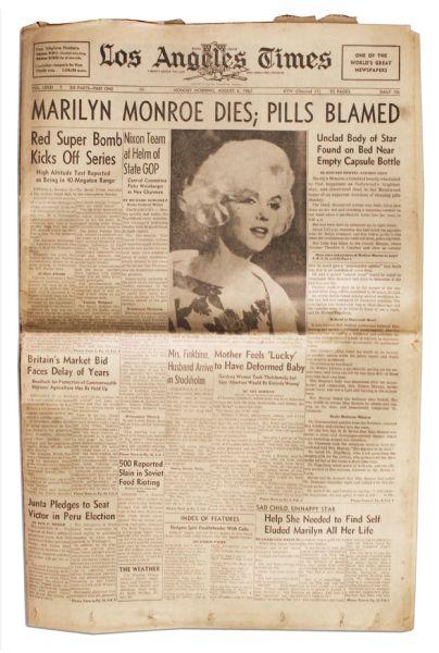 Marilyn Monroes Death Covered in the Los Angeles Times of 6 August 1962 -- Pills Blamed