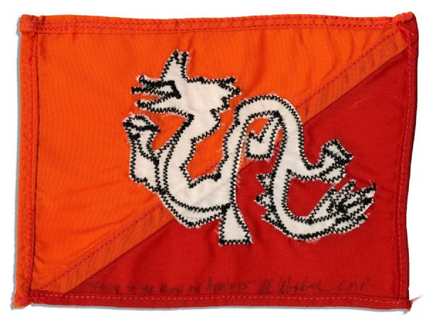 Apollo 15 Flown 6 x 4 Bhutan Flag -- Signed & Inscribed Flown to the Moon on Apollo 15 Al Worden CMP by NASA Astronaut Al Worden -- Near Fine -- Also With COA by Worden
