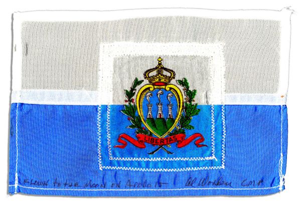 Apollo 15 Flown 6 x 4 San Marino Flag -- Signed & Inscribed Flown to the Moon on Apollo 15 by NASA Astronaut Al Worden -- Near Fine -- Also With COA by Worden