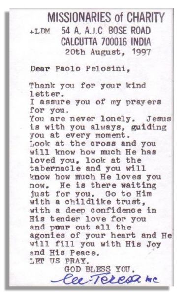 Mother Teresa Typed Letter Signed -- Dated Shortly Before Her Death