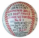Larry Jansen Signed Baseball in Celebration of His 100th MLB Win -- Also Signed by Bobby Thomson, Al Dark, Dave Williams, Whitey Lockman, Hank Thompson, Don Mueller & Bob Elliott -- 1952