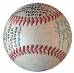 Larry Jansen Signed Baseball in Celebration of His 100th MLB Win -- Also Signed by Bobby Thomson, Al Dark, Dave Williams, Whitey Lockman, Hank Thompson, Don Mueller & Bob Elliott -- 1952