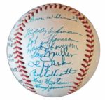 Larry Jansen Signed Baseball in Celebration of His 100th MLB Win -- Also Signed by Bobby Thomson, Al Dark, Dave Williams, Whitey Lockman, Hank Thompson, Don Mueller & Bob Elliott -- 1952