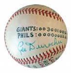 Larry Jansen Signed Baseball in Celebration of His 100th MLB Win -- Also Signed by Bobby Thomson, Al Dark, Dave Williams, Whitey Lockman, Hank Thompson, Don Mueller & Bob Elliott -- 1952