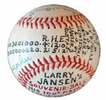 Larry Jansen Signed Baseball in Celebration of His 100th MLB Win -- Also Signed by Bobby Thomson, Al Dark, Dave Williams, Whitey Lockman, Hank Thompson, Don Mueller & Bob Elliott -- 1952