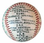 Larry Jansen Signed Baseball in Celebration of His 100th MLB Win -- Also Signed by Bobby Thomson, Al Dark, Dave Williams, Whitey Lockman, Hank Thompson, Don Mueller & Bob Elliott -- 1952