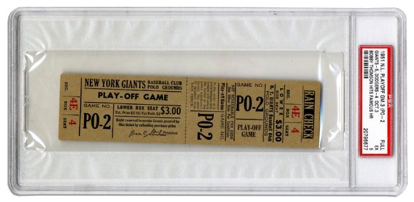 Ticket to the Famous 3 October 1951 New York Giants National League Pennant Tiebreaker Against The Brooklyn Dodgers -- The Shot Heard Round The World Game