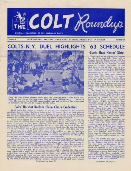 The Baltimore Colts Roundup, Vol. 9, Spring 1963 -- Colts Official Publication -- 4pp. -- Very Good