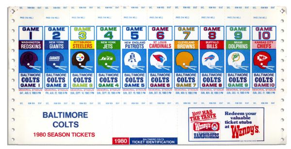 Baltimore Colts 1980 Season Tickets Uncut Sheet -- Measures 14 x 7 -- Exact Seating Not Determined -- Overall Near Fine