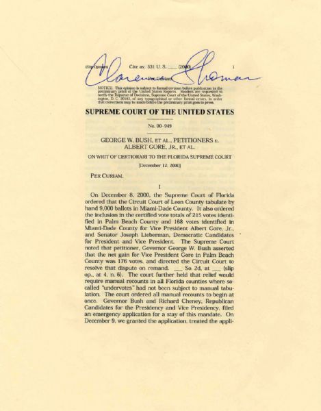 Clarence Thomas Decision in the Supreme Court Case of Bush v. Gore -- Signed in Bold Blue Ink -- 13pp., 8 x 10 -- Excellent