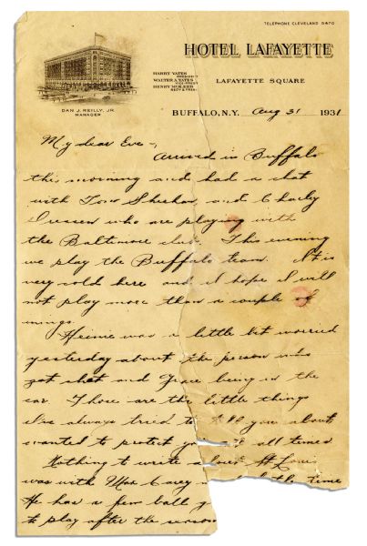 Pie Traynor Autograph Letter Signed -- 1931 -- ...This evening we play the Buffalo team. It is very cold here and I hope I will not play more than a couple of innings...