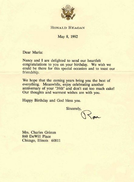 Ronald Reagan Typed Letter Signed -- Happy Birthday and God Bless You -- to Widow of Chicago Cubs Charlie Grimm -- 1992