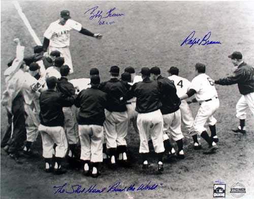 Bobby Thomson and Ralph Branca Signed 20 x 16.5 Photo of Shot Heard Round the World -- Bobby Thomson & Ralph Branca / Oct. 3, 1951 -- Fine