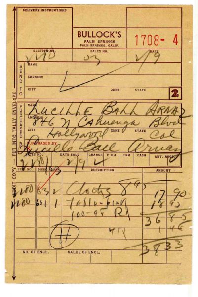 Lucille Ball Signed Receipt From Bullocks of Palm Springs -- Lucille Ball Arnaz -- Staple Holes to Edge, Else Very Good