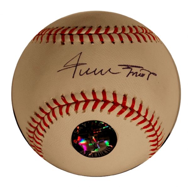 Willie Mays Signed OML Baseball -- Signed in Bold Blue Ink -- With Mays Say Hey Hologram -- Near Fine