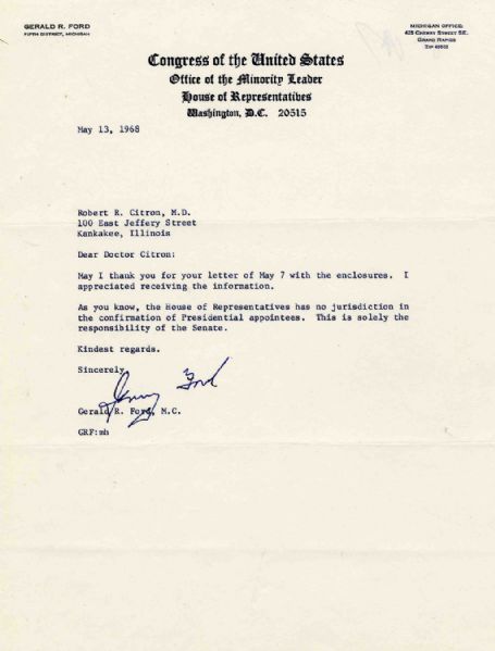 Gerald Ford TLS -- 1968 -- ...the House of Representatives has no jurisdiction in the confirmation of Presidential appointees..