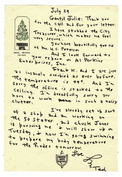 Dr. Seuss Autograph Letter Signed -- ...now Im going swimming to prepare my body temperature for the Rodeo tomorrow...