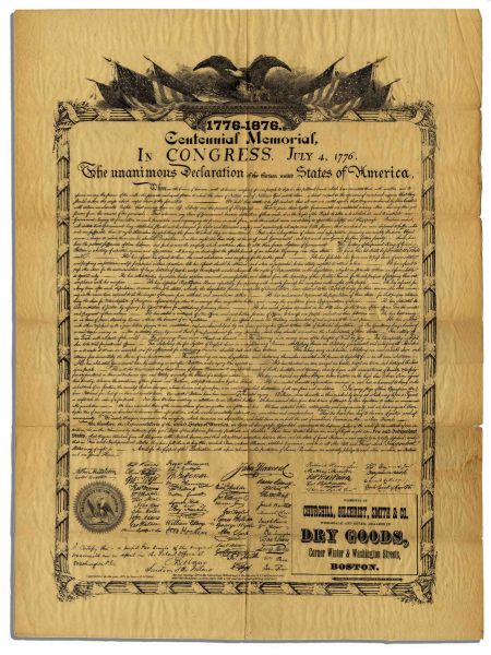 1876 Printing of the Declaration of Independence -- Centennial Memorial Print