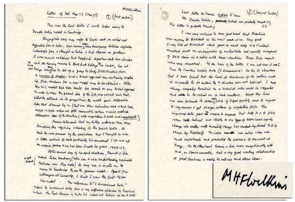 Maurice Wilkins Autograph Manuscript Signed -- Includes Observations on Events Preceding DNA Discovery -- ...I was much relieved that Rosalinds departure date was decided...We at Kings were thus...