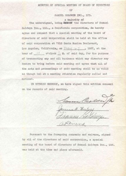 Film Pioneer Samuel Goldwyn 1937 Document Signed -- 8.5 x 12.5 -- Near Fine
