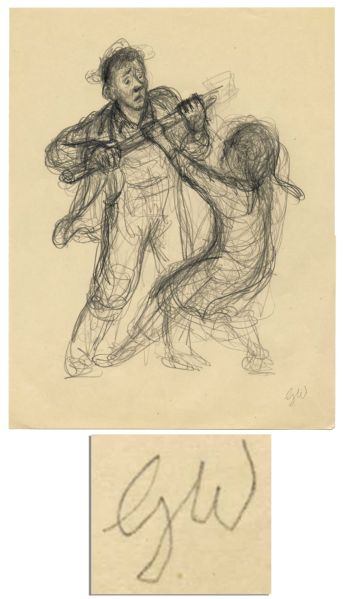 Garth Williams Initialed Preliminary Drawing for Beloved Childrens Book Charlottes Web -- Fern and Farmer John Struggle Over an Ax
