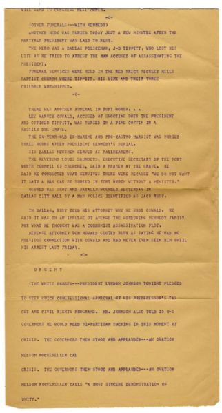Teletype Regarding the Funerals of Lee Harvey Oswald and Dallas Police Officer J.D. Tippit, Killed While in Pursuit of Oswald -- ...[Oswald] was buried in a pine coffin in a hastily dug grave...