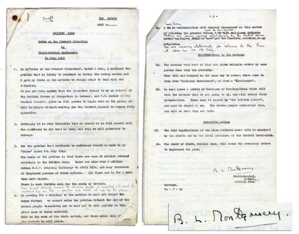 Top Secret Draft Signed by Bernard Montgomery on the German People and the Occupation of Germany Just After Her Surrender in 1945 -- With Numerous Hand-Edits by Montgomery Such as ...Our...