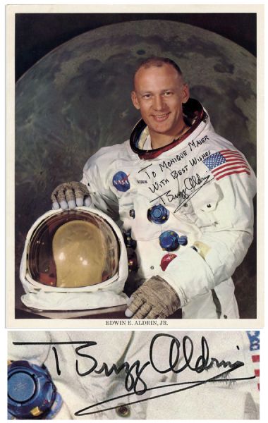 Buzz Aldrin Signed 8 x 10 Glossy Photo -- In Black Ink: To Monique Maier With Best Wishes / Buzz Aldrin -- Near Fine