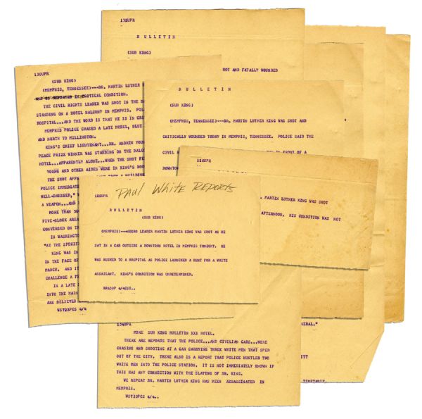 UPI News Bulletins as Martin Luther King, Jr. Assassination Unfolded -- ...Dr. Martin Luther King was shot...late today in Memphis...Police rushed the negro civil rights leader to a hospital...