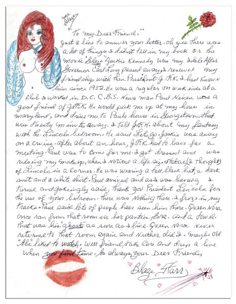 Blaze Starr Autograph Letter Signed -- Regarding a Tryst in the White House with JFK -- ...I told J.F.K. about my fantasy with the Lincoln bedroom. He said lets go...