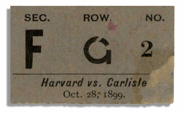 Extremely Rare 1899 Ticket Stub From a Harvard Versus Carlisle Football Game -- The First Year Carlisle Was Coached by Pop Warner