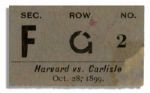 Extremely Rare 1899 Ticket Stub From a Harvard Versus Carlisle Football Game -- The First Year Carlisle Was Coached by Pop Warner