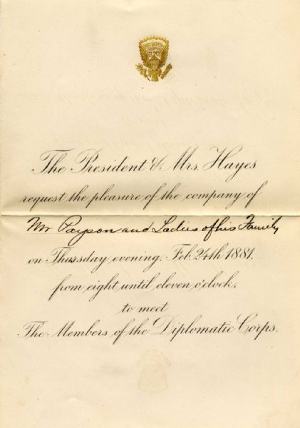 Rutherford B. Hayes Invitation -- February 1881 from the Executive Mansion -- ...meet The Members of the Diplomatic Corps...