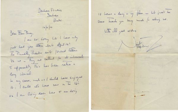 Noel Coward Autograph Letter Signed -- ...I am living down here and am doing 12 hours a day on my film...
