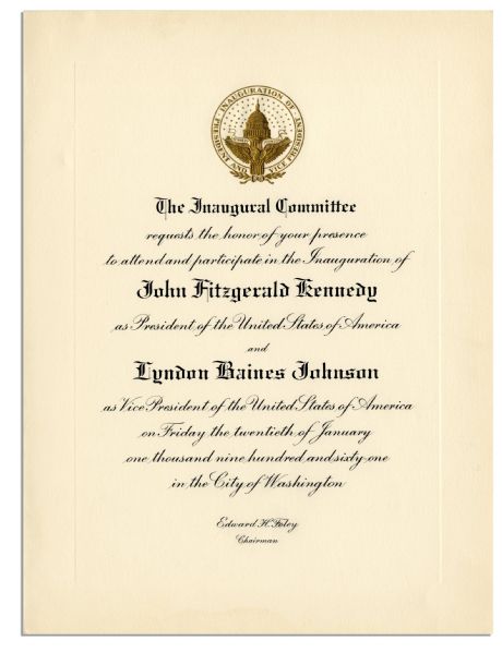 Nice, Clean Invitation to JFKs Inauguration -- Embossed Invite Comes in Original Envelope From the Inaugural Committee