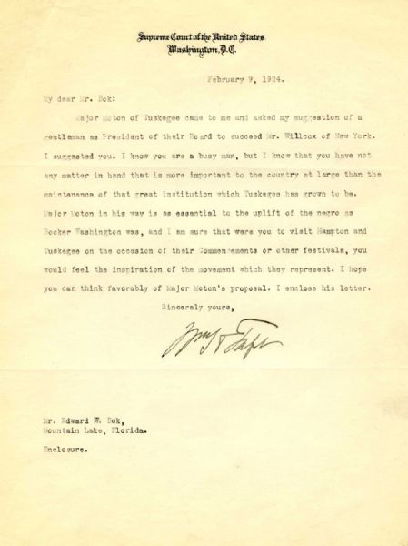 William Taft Signed Letter as Supreme Court Chief Justice Regarding the Tuskegee Institute -- ...Major Moton in his way is as essential to the uplift of the negro as Booker Washington was...