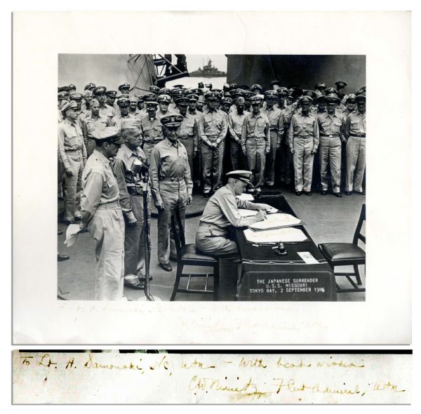 Official 13 x 11 Photo of Japanese Surrender Aboard U.S.S. Missouri -- Signed Twice by Fleet Admiral Chester Nimitz