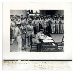 Official 13 x 11 Photo of Japanese Surrender Aboard U.S.S. Missouri -- Signed Twice by Fleet Admiral Chester Nimitz