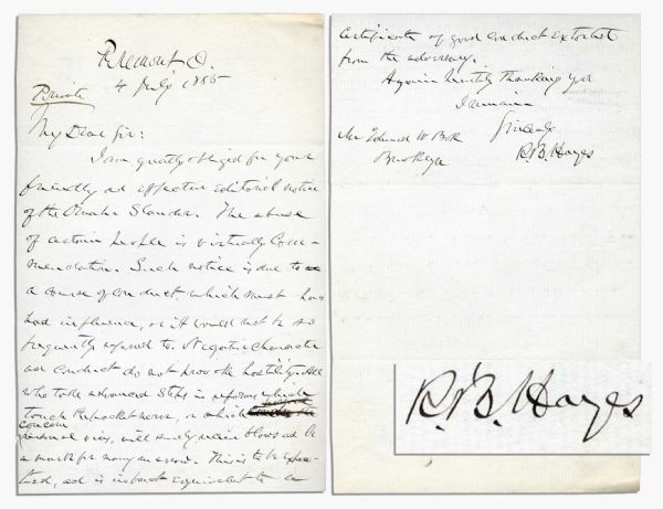 Rutherford B. Hayes Autograph Letter Signed Regarding the Omaha Slander Story on Liquor Trafficking -- ...the abuse of certain people is virtually commendation...