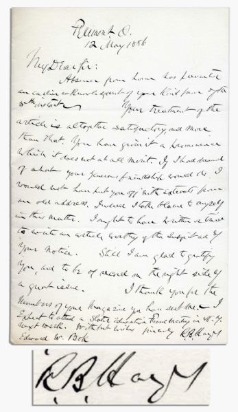 Rutherford B. Hayes Autograph Letter Signed -- Replying to Editor of The Brooklyn Magazine on an Article Submitted by Hayes

