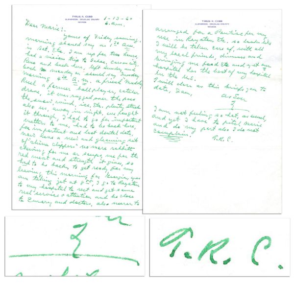 Ty Cobb Autograph Letter Signed Shortly After His Cancer Surgery -- ...I am full of this hellish pain unless I fill up on pain killers to not fully abate my suffering...and yet...I do not...